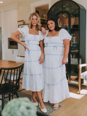 "Stay Beautiful" white midi dress with blue bows from One Loved Babe size Large